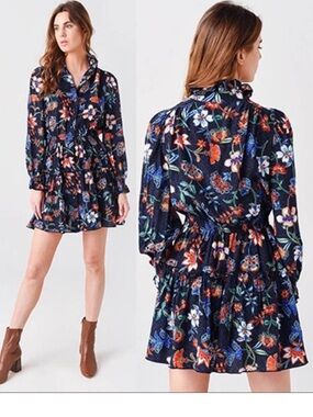 NWOT Hunter Bell, Joplin Novelty Floral Elastic Waist Mini Dress, Navy, Small